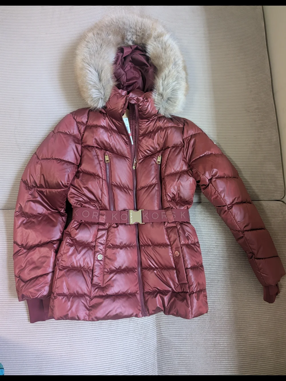 Michael Kors Red Quilted Cherry Belted Puffer Coat with Faux Fur Trim